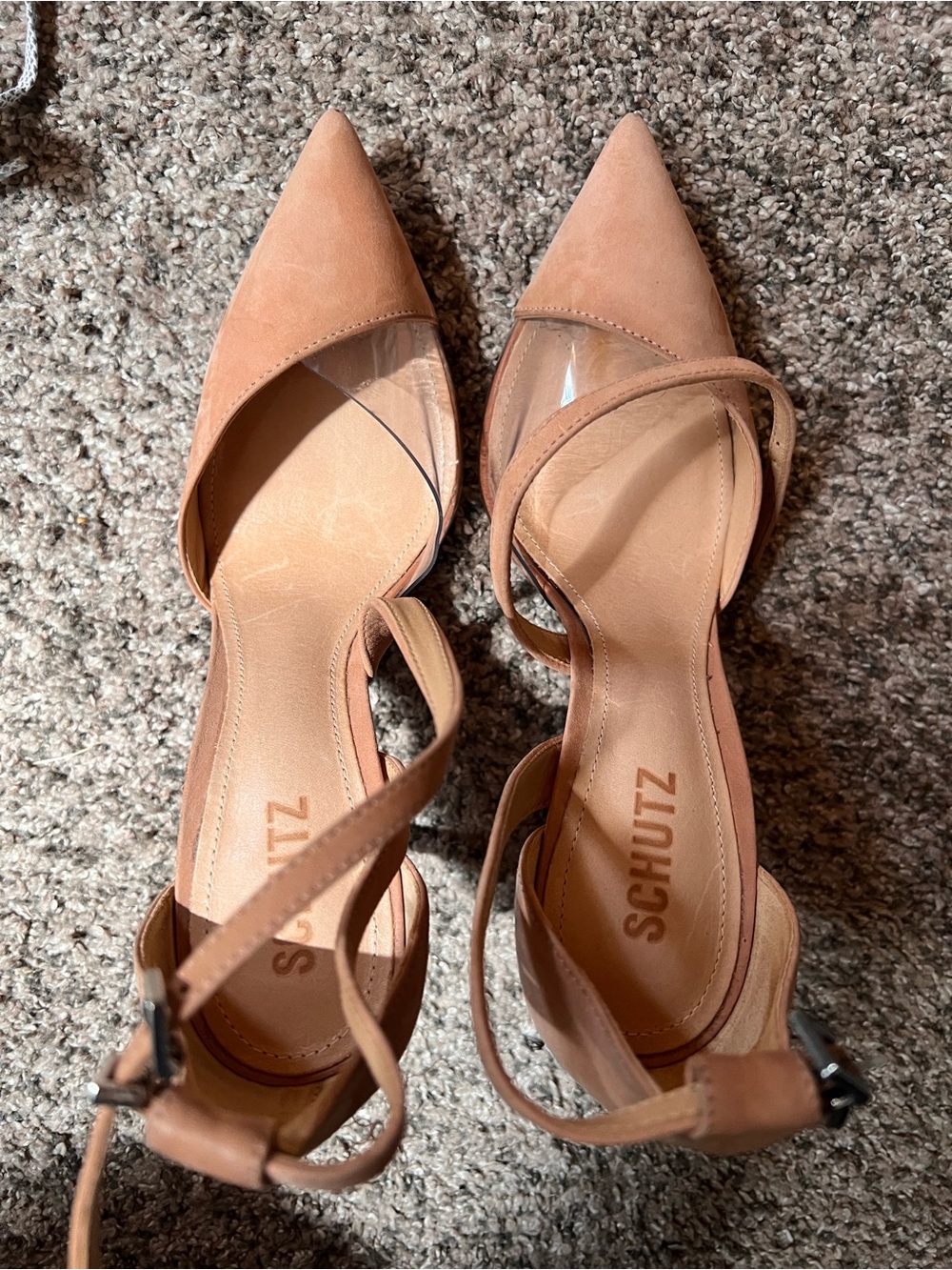 SCHUTZ Nude/Tan Pointed-Toe D'Orsay Ankle Strap Heels